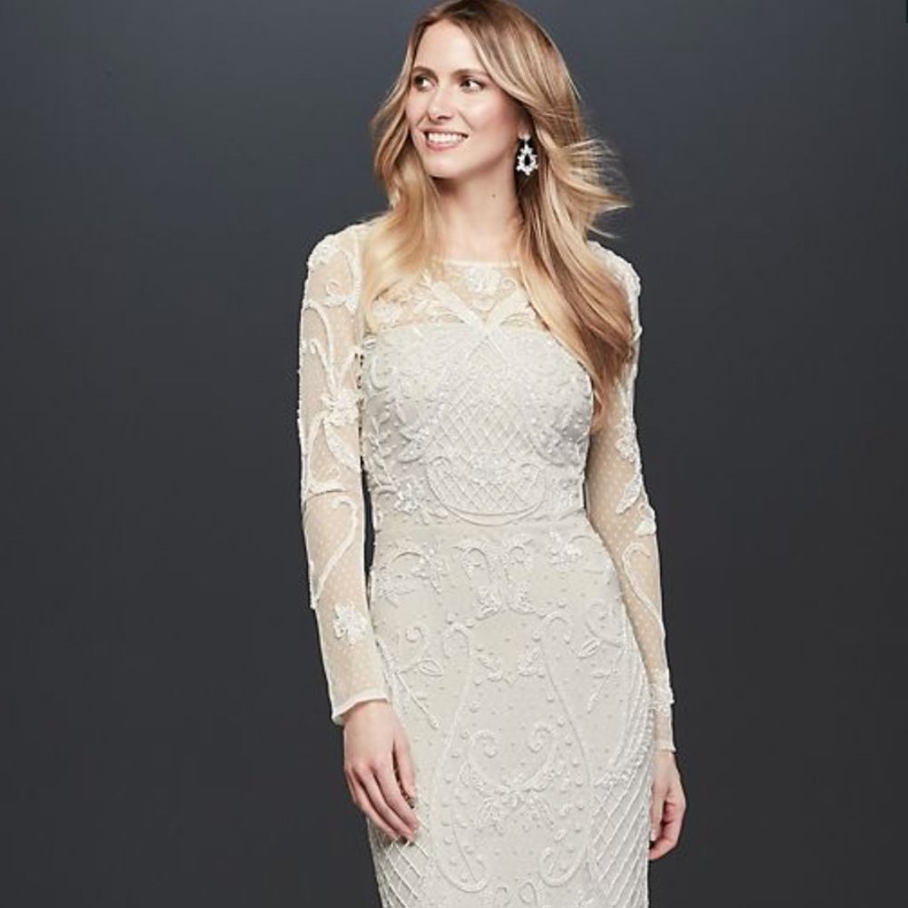 Allover Scroll Beaded Illusion Long Sleeve Gown